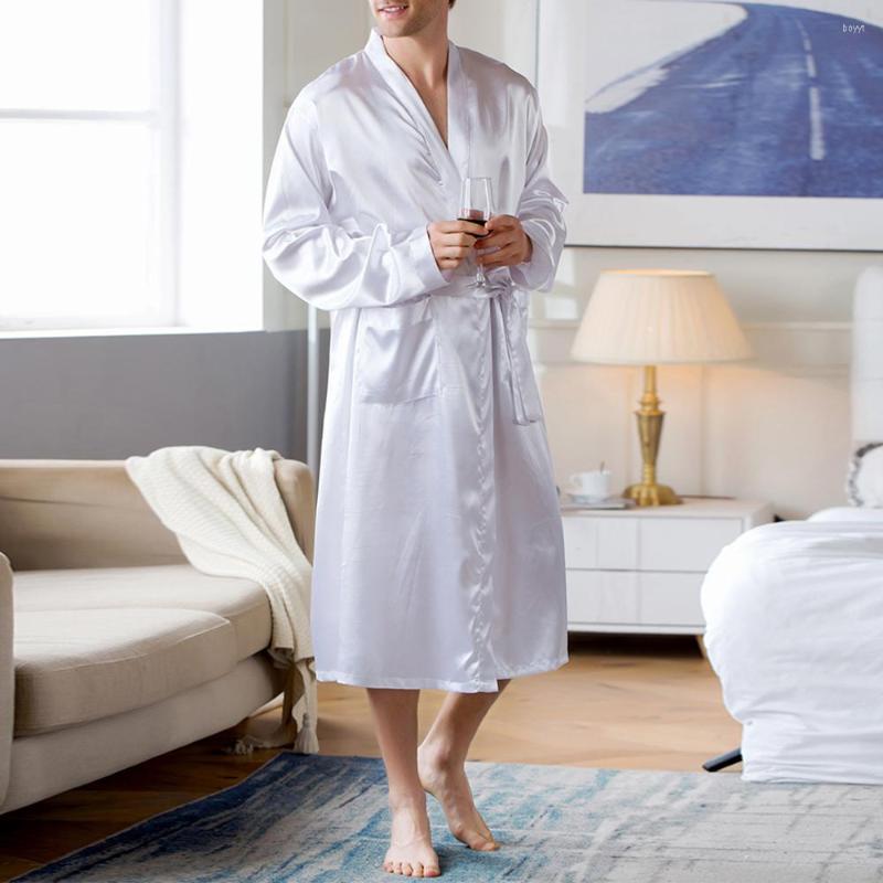 

Men's Sleepwear Dressing Nightgown Pajamas Comfort Bathrobe Robe Nightwear Men's Home Color Long Satin Solid Silk Casual Sleeve, Gray