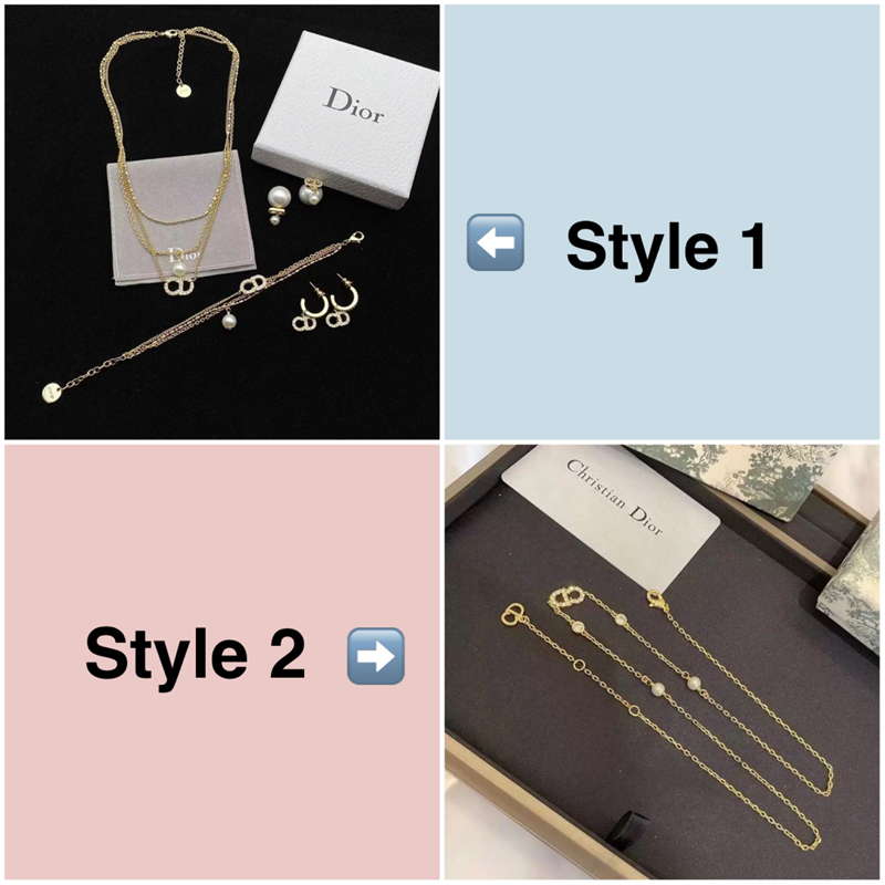 

Dupe Di-or Full Diamond CD Pearl Necklace Bracelet Stud Earrings Jewelry Set For Women  71210