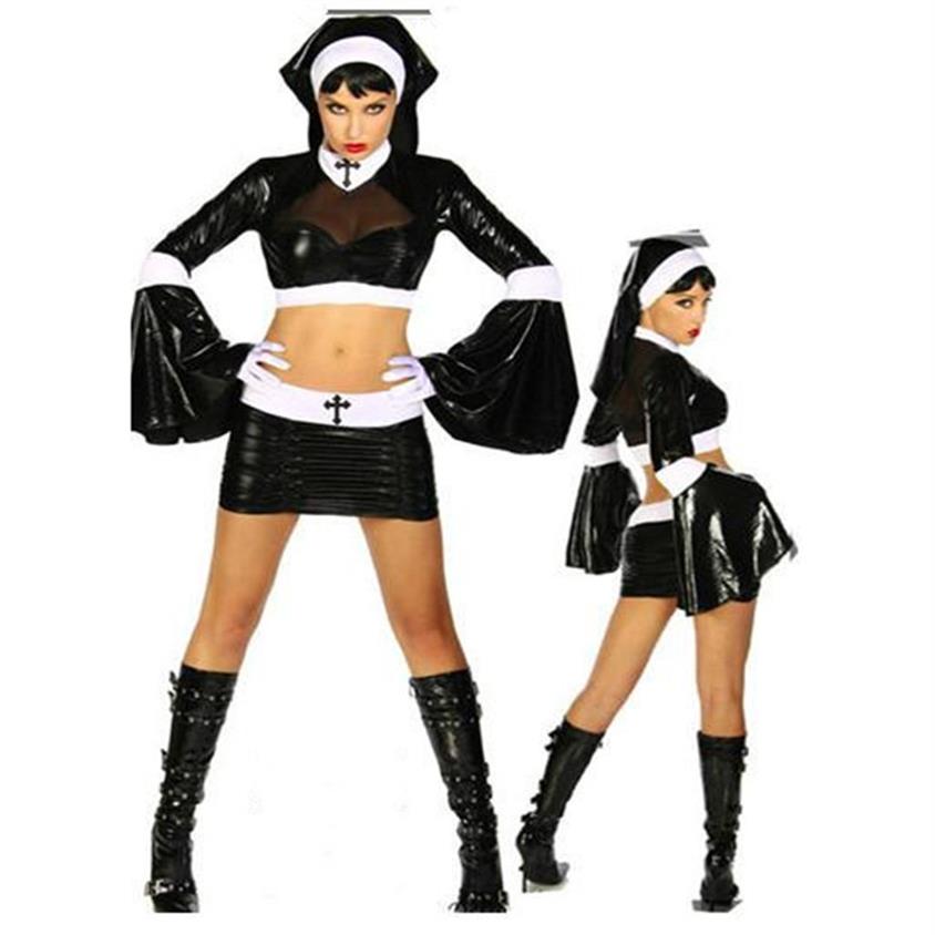 

Women New Cosplay Dress Nun Halloween Theme Costume Female Taoist Witch Uniform Party Singer Iclude Headdress Top Skirt2795