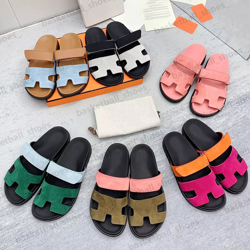 

Beach Designer Suede Chypre Sandals Men Women 100% Calfskin Genuine Leather Sandal Flat Thick Bottom Flip Flops Marine Green Slipper Large Size 34-46 With Box, Colour 2