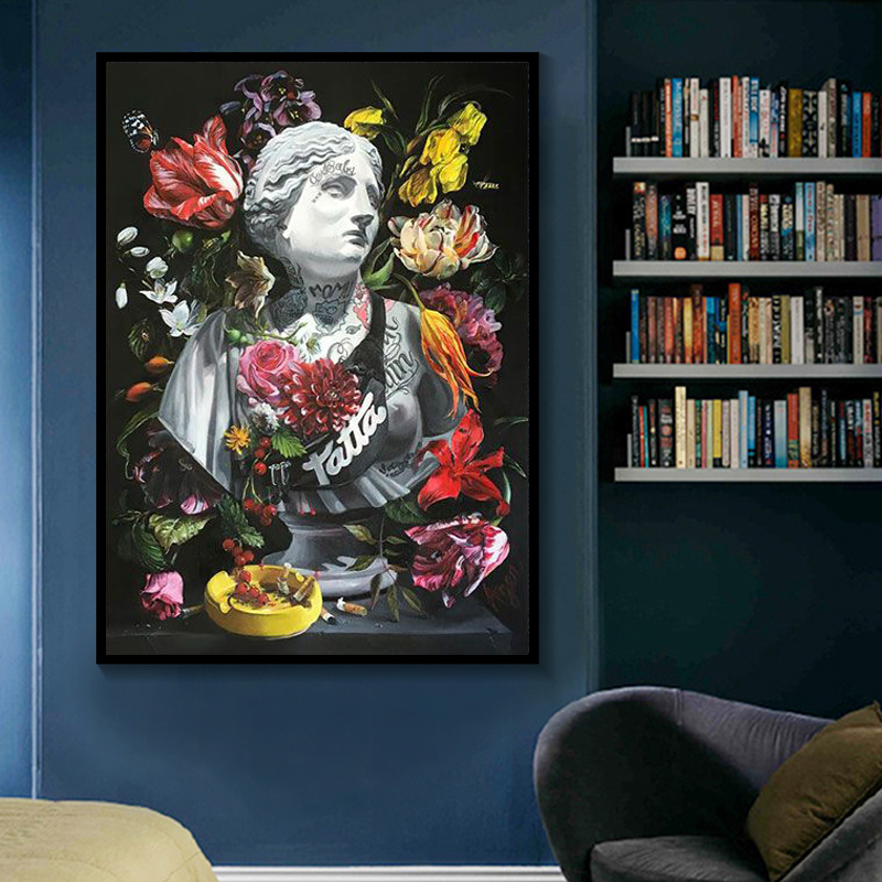 

Apollo Sculpture Nordic Decor Flower Canvas Painting Graffiti Tattoo Statue Prints Cuadros Wall Art Picture for Home Decor