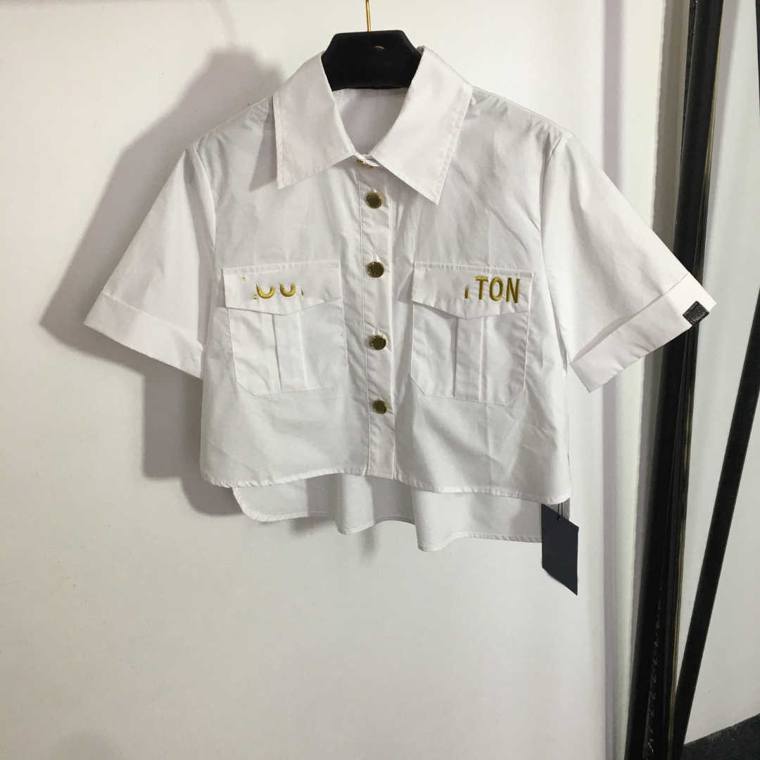 

23ss womens designer clothing women Shirt Embroidered monogram double pocket front short back short length style crop short sleeve shirt women Clothes