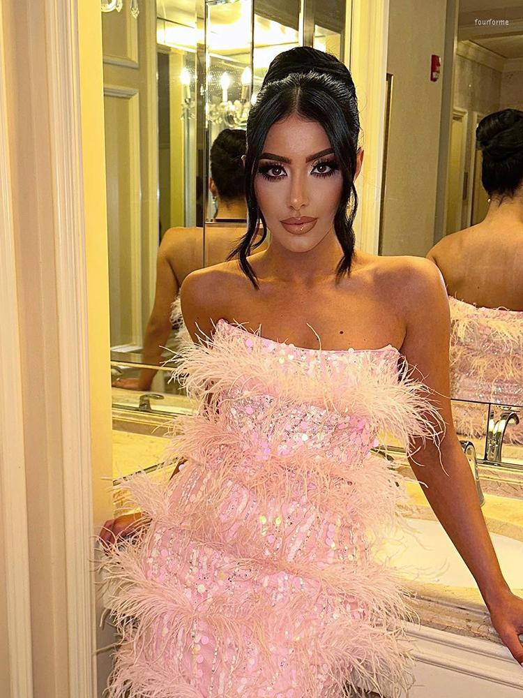 

Casual Dresses Sexy Strapless Sequin Feather Mini Dress Summer Women Pink Sleeveless Sequins Slim Elegant Party Club Evening Dres