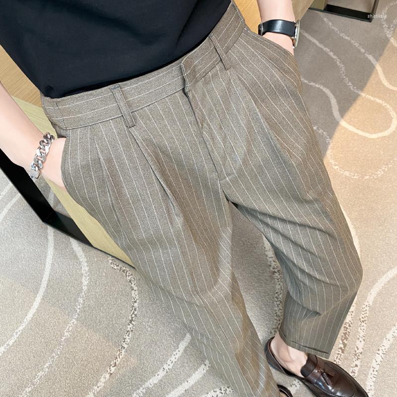 

Men's Suits Summer Thin Striped Nine-points Business Suit Pants Males Solid Color Cool Casual Korean Slim Fit Social Trousers, Grey