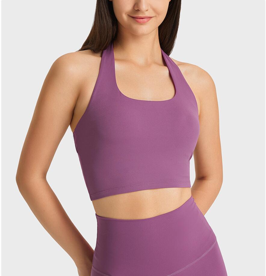 

lu-146 Hang Neck Tank Top Yoga Outfits with Padded Bra Sexy Pleated Back Sports Fitness Vest Gym Clothes Women Breathable Fitness Workout Shirt, Lemon green