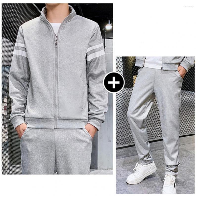 

Gym Clothing 2Pcs/Set Simple Men Winter Striped Color Plush Lined Coat Sweatpants Set Tracksuit Mid-rise Windproof, Black