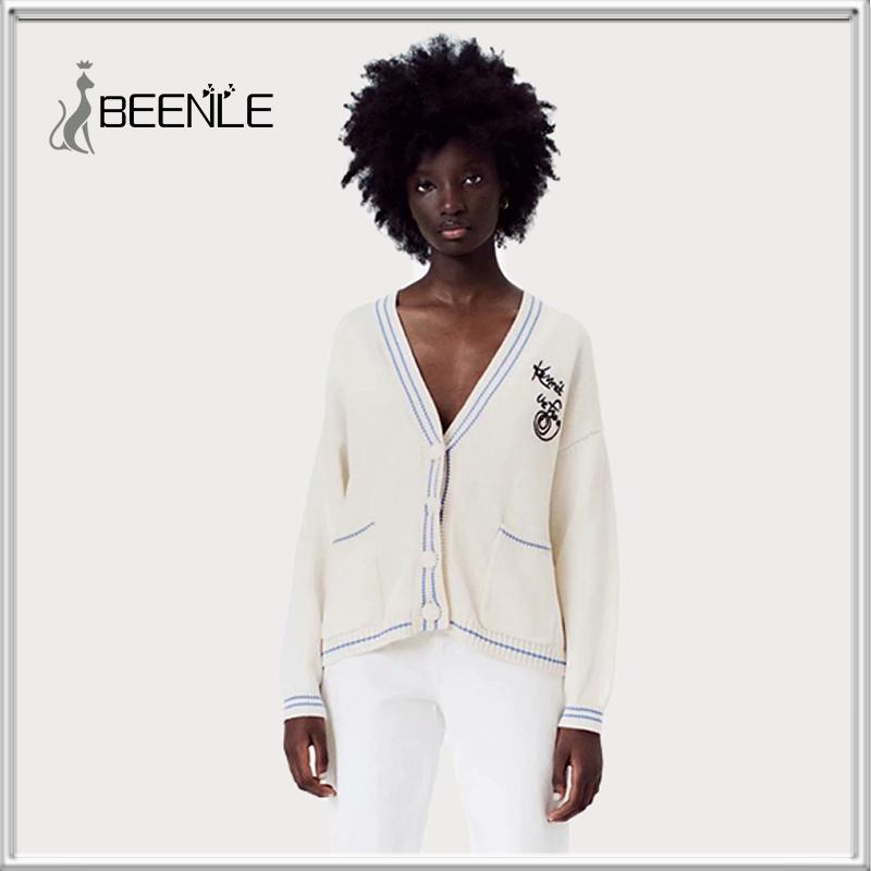 

Sweaters BEENLE V Neck Women Button Beige Cartoon Kermit Cardigan 2022 Long Sleeve Sweater Spring Knitted Loose Casual Women Clothing, Ivory
