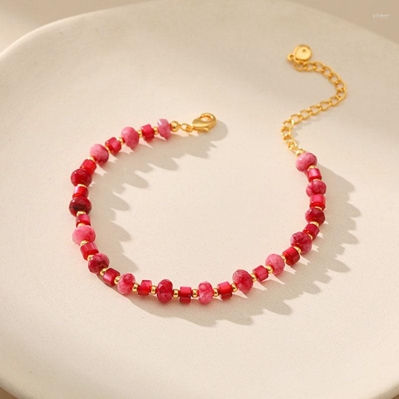 

Strand Brass Plated Gold Cut Red Original Stone Beaded Hand String Bracelets For Women Holiday Birthday Gift Fashion Jewelry B012