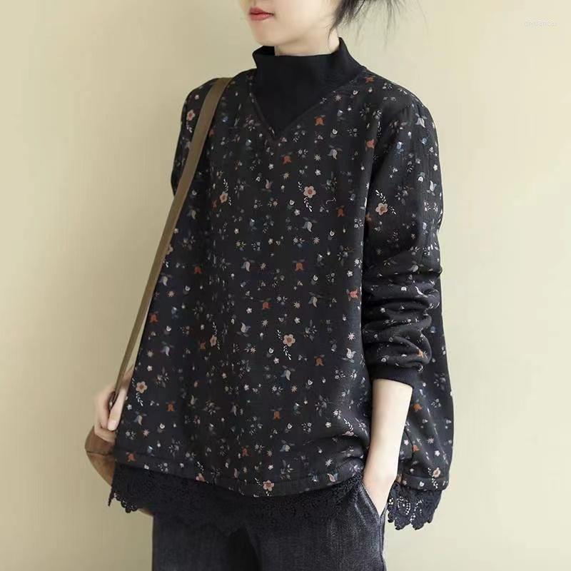 

Women's Vests Spring And Autumn Ladies Sweatshirts Tops Retro Prints Loose Long Sleeves Coats High Collar Keep Warm Clothing For Women