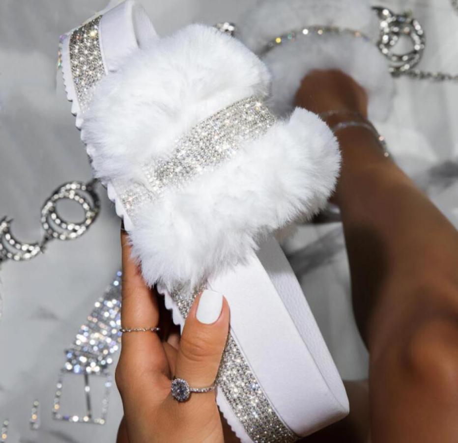 

Fur Slippers Women 2021 Fashion Summer Fur Slides For Woman Rhinestone Sandals Fluffy Female Shoes Glitter Indoor Diamond Shoes Y02865839, White