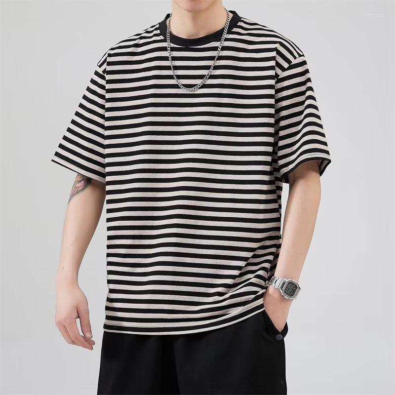 

Men's T Shirts Summer Loose Striped T-shirt Pure Cotton Round Neck Top 2023 Short Sleeve Men's Youth Korean Fashion Oversized, Bk