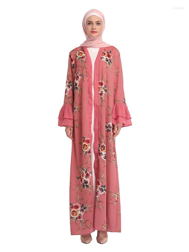 

Ethnic Clothing Fashion Printed Muslim Dresses Syari Abaya Female Full Length Flare Sleeved Islamic With Belt Wy1445