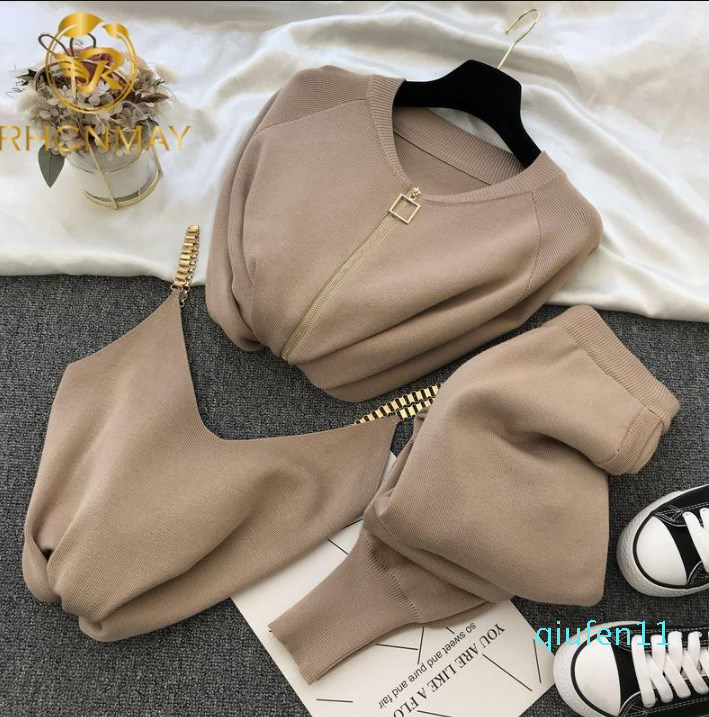 

Fashion-Women Zipper Knitted Cardigans Sweaters + Pants Sets + Vest Woman Fashion Jumpers Trousers, Black