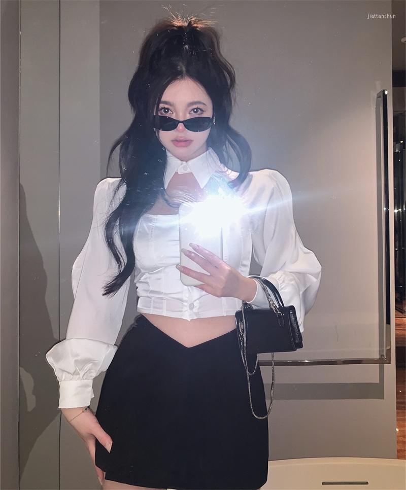 

Women's Blouses Korean Women Sexy Slim Long Puff Sleeve Halter Crop Tops Fashion Streetwear Hollow Out Casual All-match Elegant Shirt, White