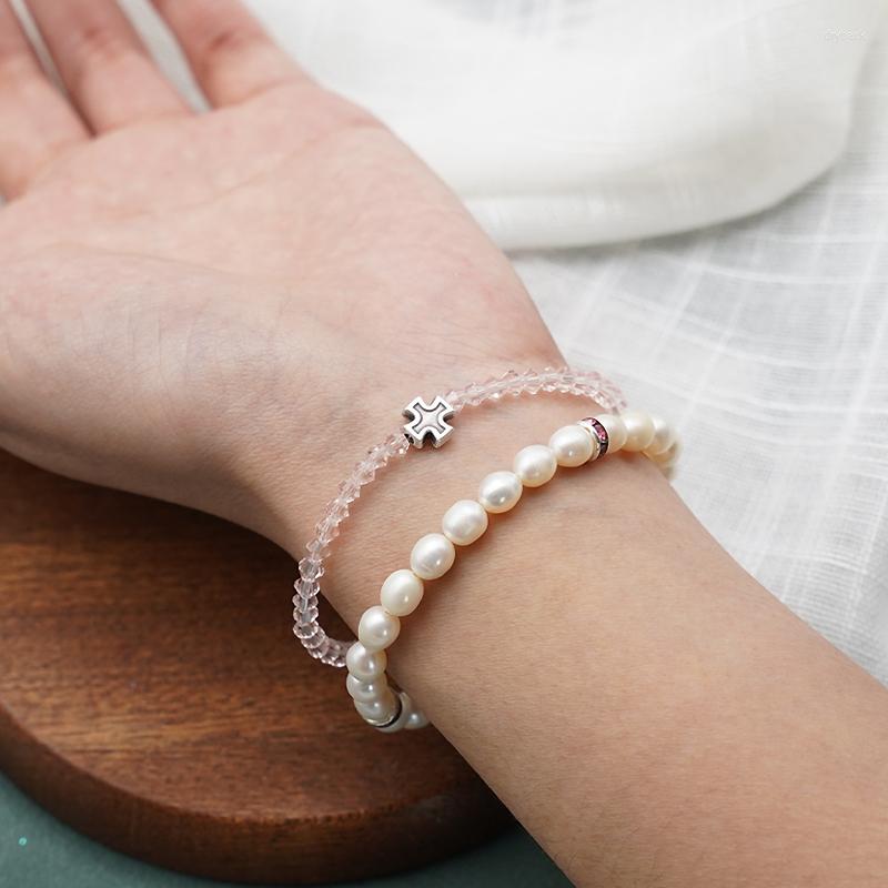 

Strand Pearls Pink Crystal Stretch Bracelet For Woman Jewelry Sets Cross Christ Apprentice Original Design Sweet String Gift