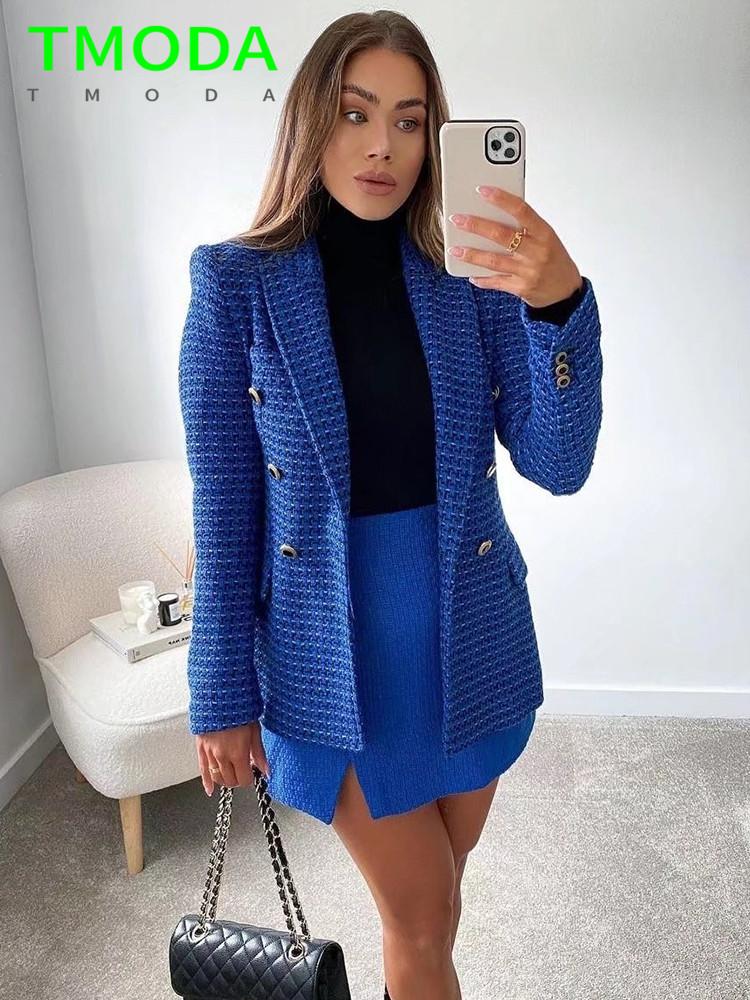 

Pants T MODA 2022 Women Autumn Fashion Double Breasted Tweed Check Blazer Coat Vintage Long Sleeve Female Outerwear Chic Jacket, Blue