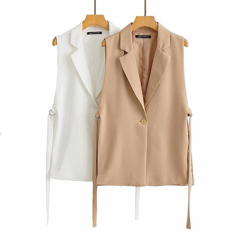 

Pants 2022 Autumn New Fashion Solid Color Sleeveless Lapel Suit Female Side Streamer Design Suit Vest Jacket Fashion Independent Top, Khaki