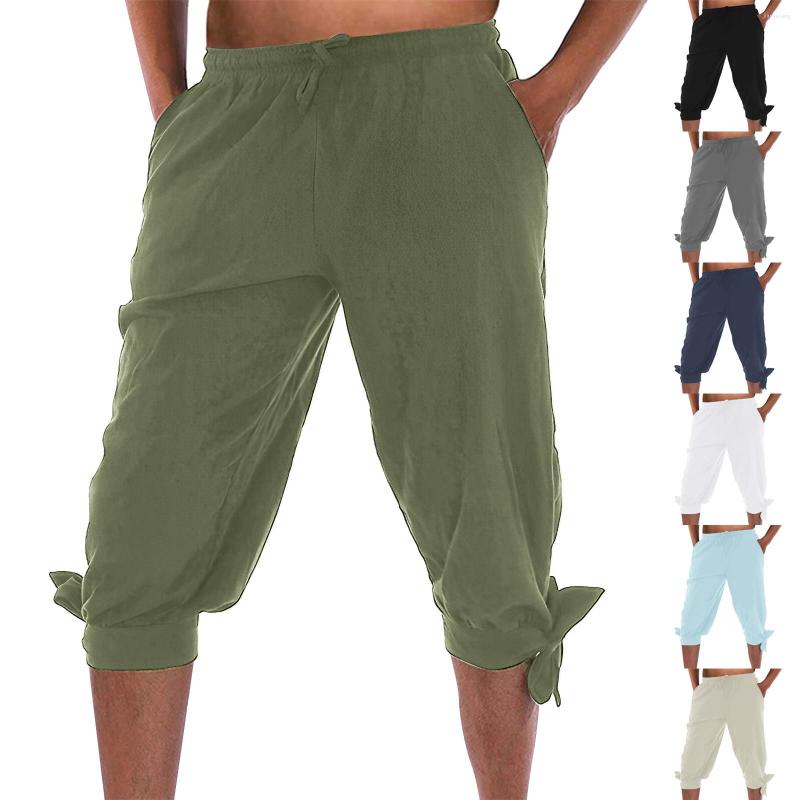 

Men's Shorts Mens Leisure Solid Color Cotton And Linen Five Point Pocket Button Zipper Lace Up Pants, Beige