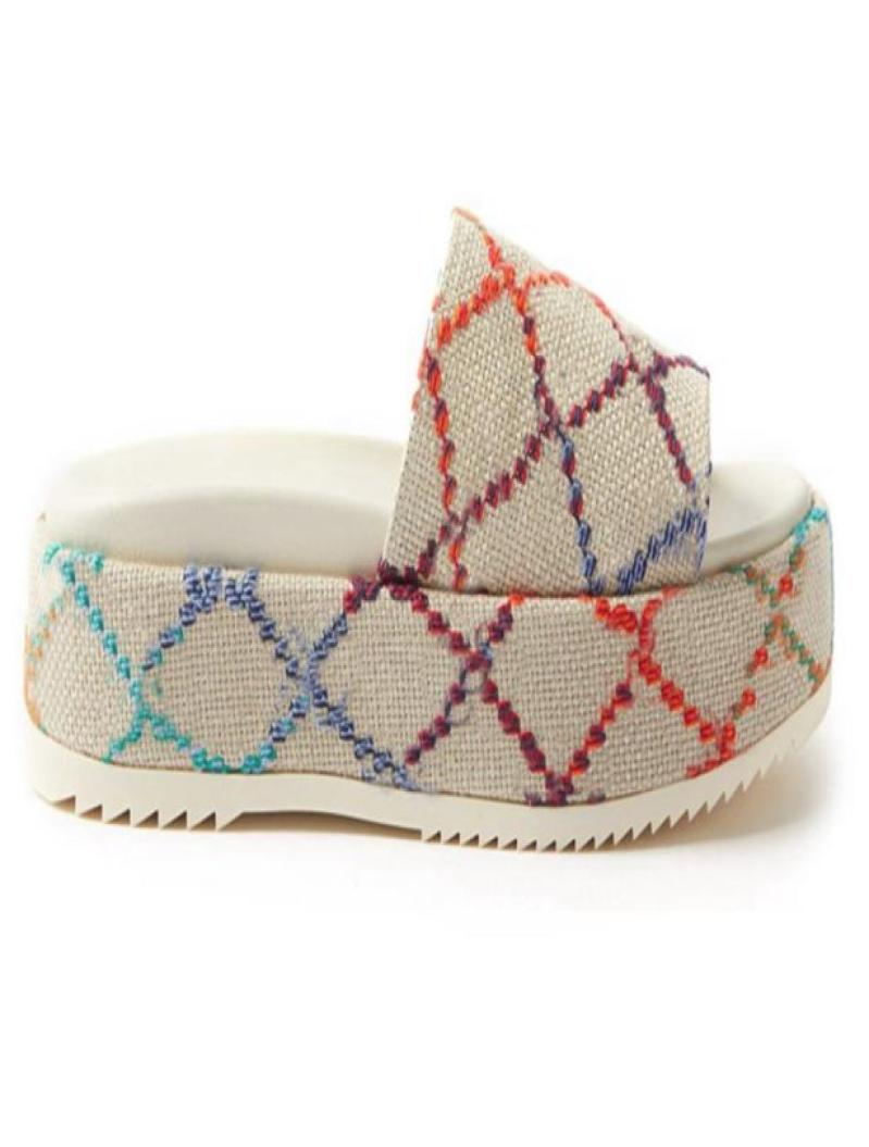 

2022ss new color womens 55mm platform sandals mid heel slippers fashion angel canvas slides with box and dust bags9591511, White