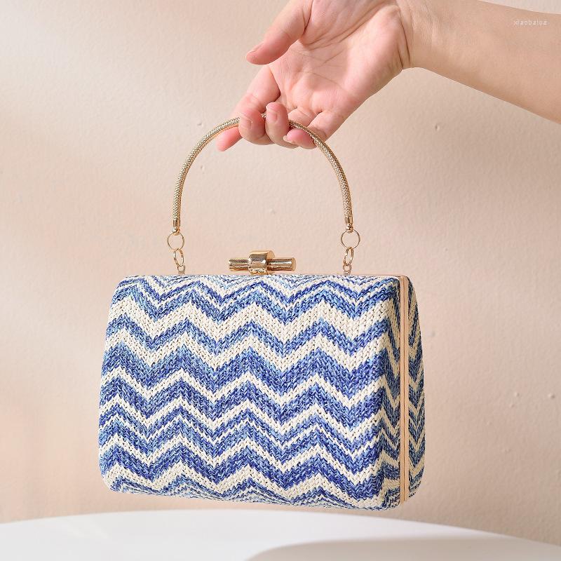 

Evening Bags Brand Women's Bag Fashion One Shoulder Summer Fresh Straw Braided Material Strap Chain Dinner, Blue