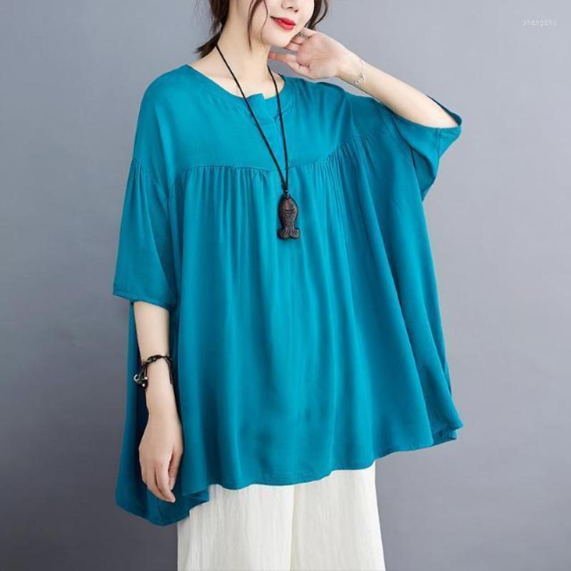 

Women's Blouses Cotton Summer Tops Mujer Casual Solid O Neck Short Sleeve Women Blouse Femmes Large Size Loose Relaxed Mommy Blusas, Green