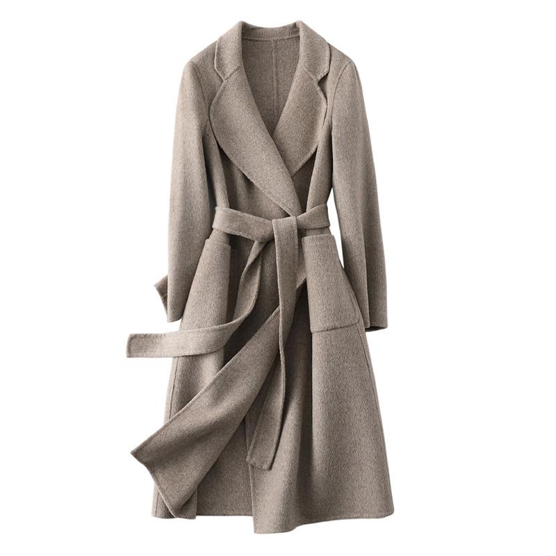 

Fur New Arrivals Women Autumn Classic DoubleFaced Cashmere Coat Woolen Female Outerwear Belt Winter Wool Coat S3652, Grey