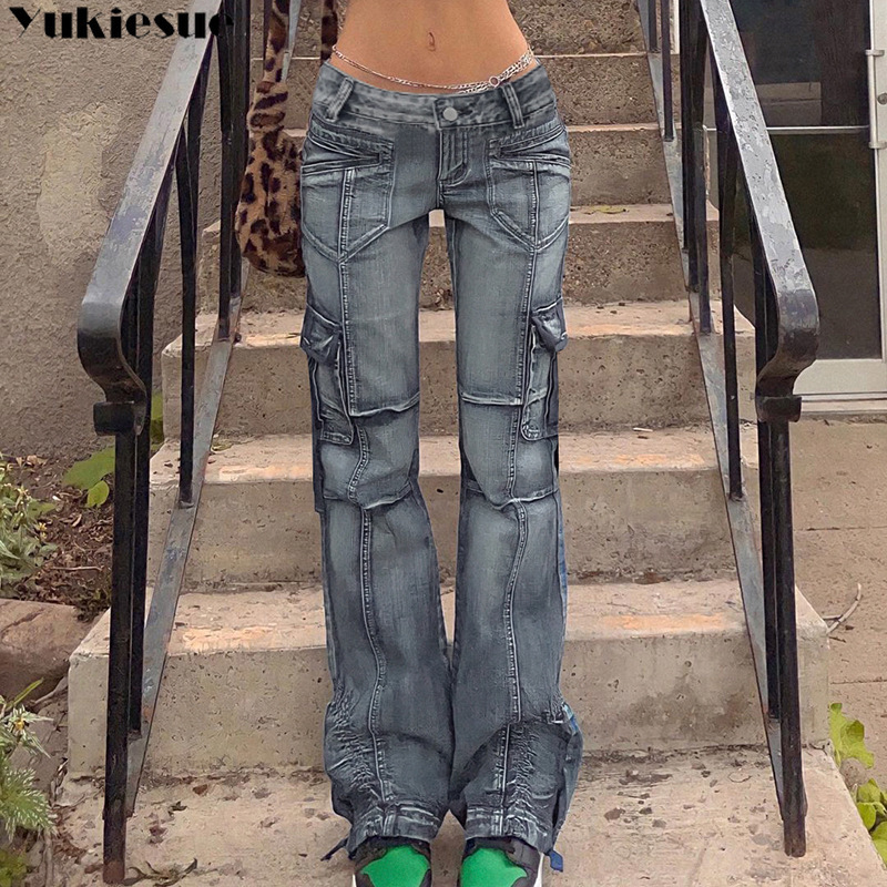 

Women  Jeans Vintage woman Low Waisted Pockets Trousers Baggy Casual women Denim Cargo Pant Straight Korean 90s 230420, Blue