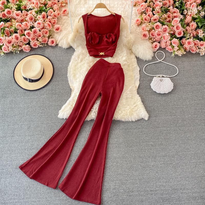 

Women's Two Piece Pants Women Elegant Pieces Sets Sleeveless Pleated Slim Basic Tees Crop Top With High Waist Wide Leg Casual Summer Y2k, Black