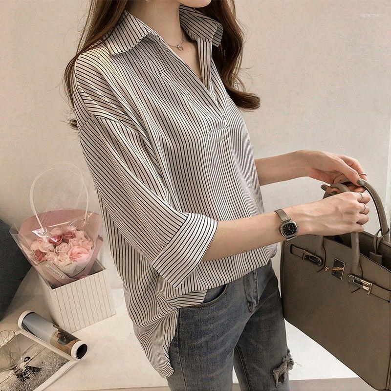 

Women's Blouses Office Lady Stylish Striped Blouse Spring Summer 3/4 Sleeve Korean Loose Turn-down Collar Female Clothing Drawstring Shirt, Button gray