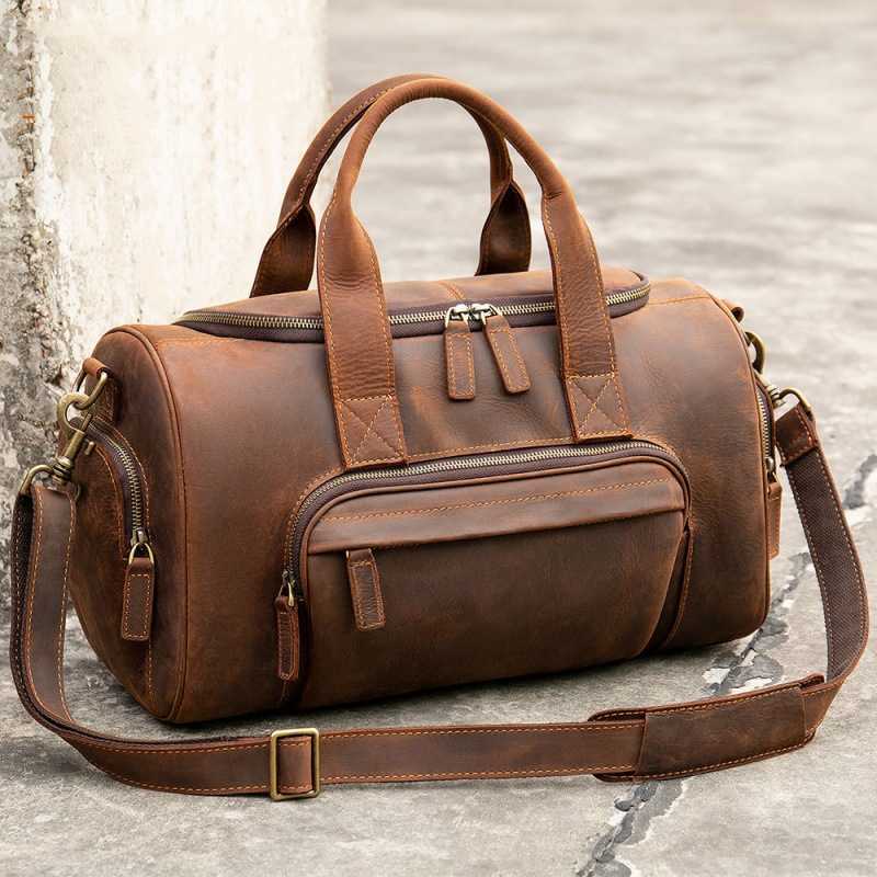 

New Crazy Horse Skin Men's Bag Men's Short Distance Handbag Business Travel Bag Genuine Leather Casual One Shoulder Luggage Bag 230420, Coffee