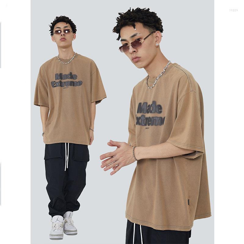 

Men's T Shirts Chic Letter-printed Distressed Short-sleeved Men's Loose Vintage Skateboard T-shirt Bottom Shirt Fashion Cotton, Brown