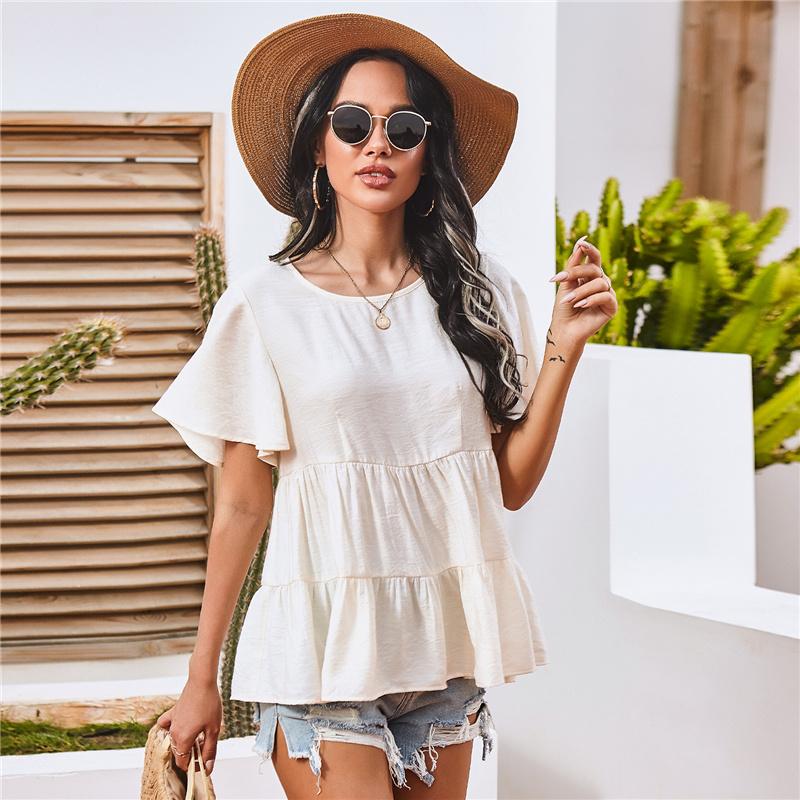 

Women' Blouses & Shirts Women Summer 2023 Pullover Shirt Solid Color Splicing Ruffle Blusas Short Sleeve Pleated Blouse Tunique Femme #2030, Picture shown