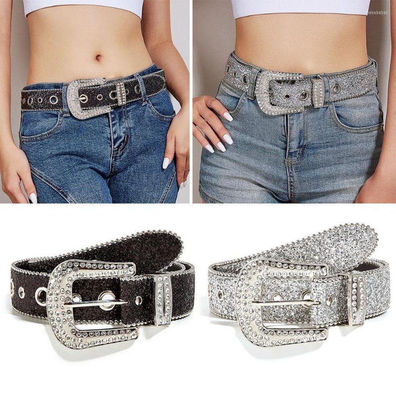 

Belts Women Glitter Studded Adjustable PU Leather Waistband Rhinestone Belt Bling Crystal, Silver