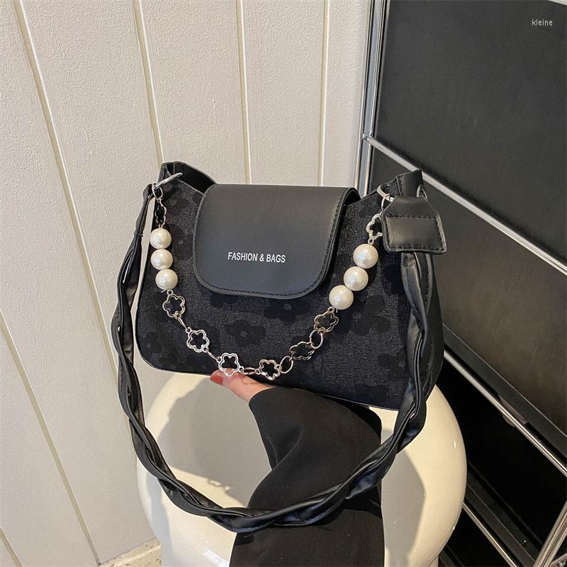 

Evening Bags Fashion Bag For Women Beading Chain Handbags Flower Prints Lady Shoulder Casual Female Crossbody Small Flap Purse, Black