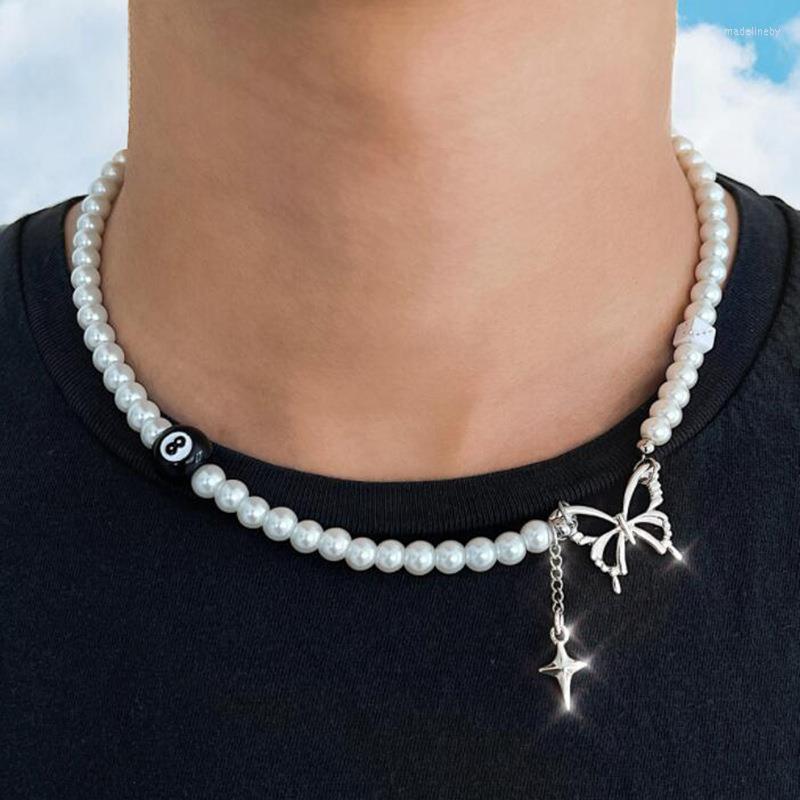 

Chains Pearl Necklace For Men Butterfly Bead Teenage Boys Grunge Punk Korean Fashion Jewelry Simple Handmade