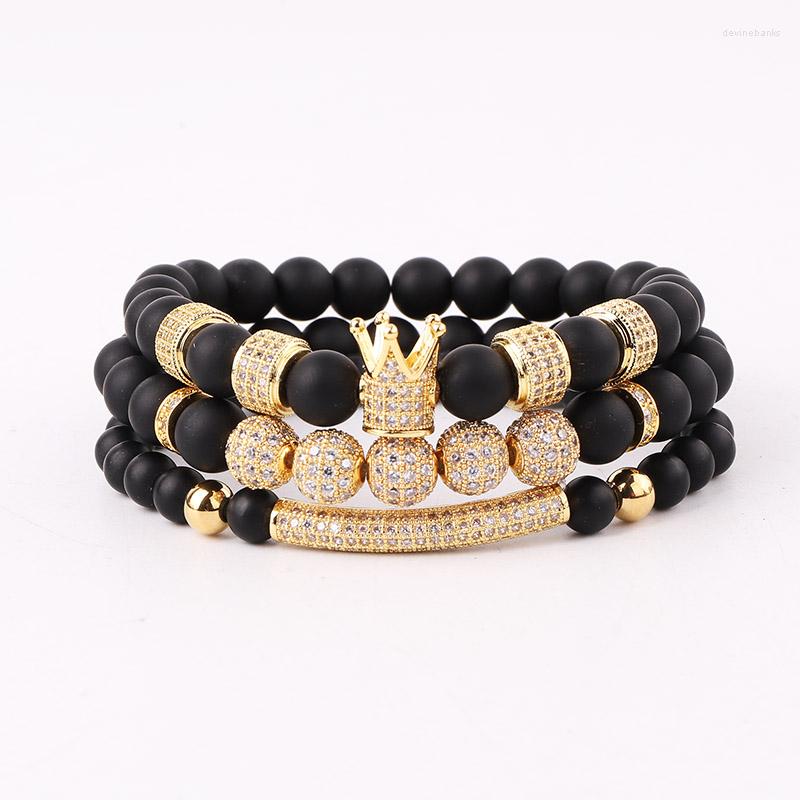 

Strand JARAVVI Luxury Design CZ Pave Crown Charm Natural Stone Matte Onyx Elastic Bracelet Set Men Jewelry Gift