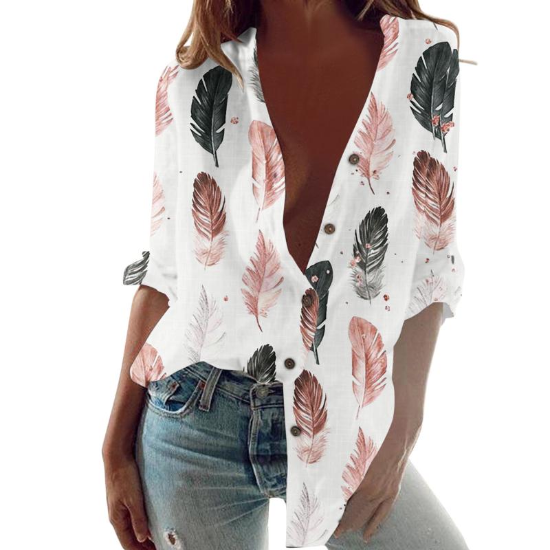 

Women' Blouses & Shirts Chemise Femme Vintage Flower Feather Print Long Sleeve Women Tops Casual Oversized Button Up Shirt Blusas De Mujer, Beige