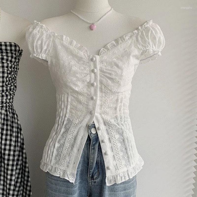 

Women' Blouses Women' Lace Short Sleeve White Shirt Single Row Button Summer 2023 Off Shoulder Sexy Blouse