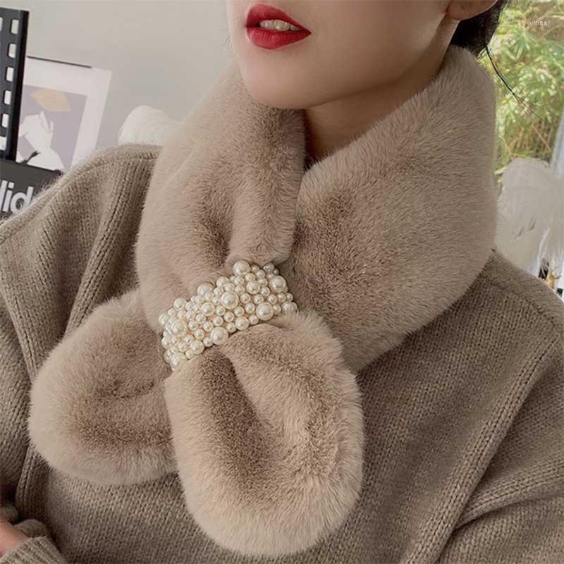 

Scarves Korean Female Soft Faux Fur Cross Pearl Winter Plush Thicken Windproof Warm Neck Guard False Collar Scarf Bib
