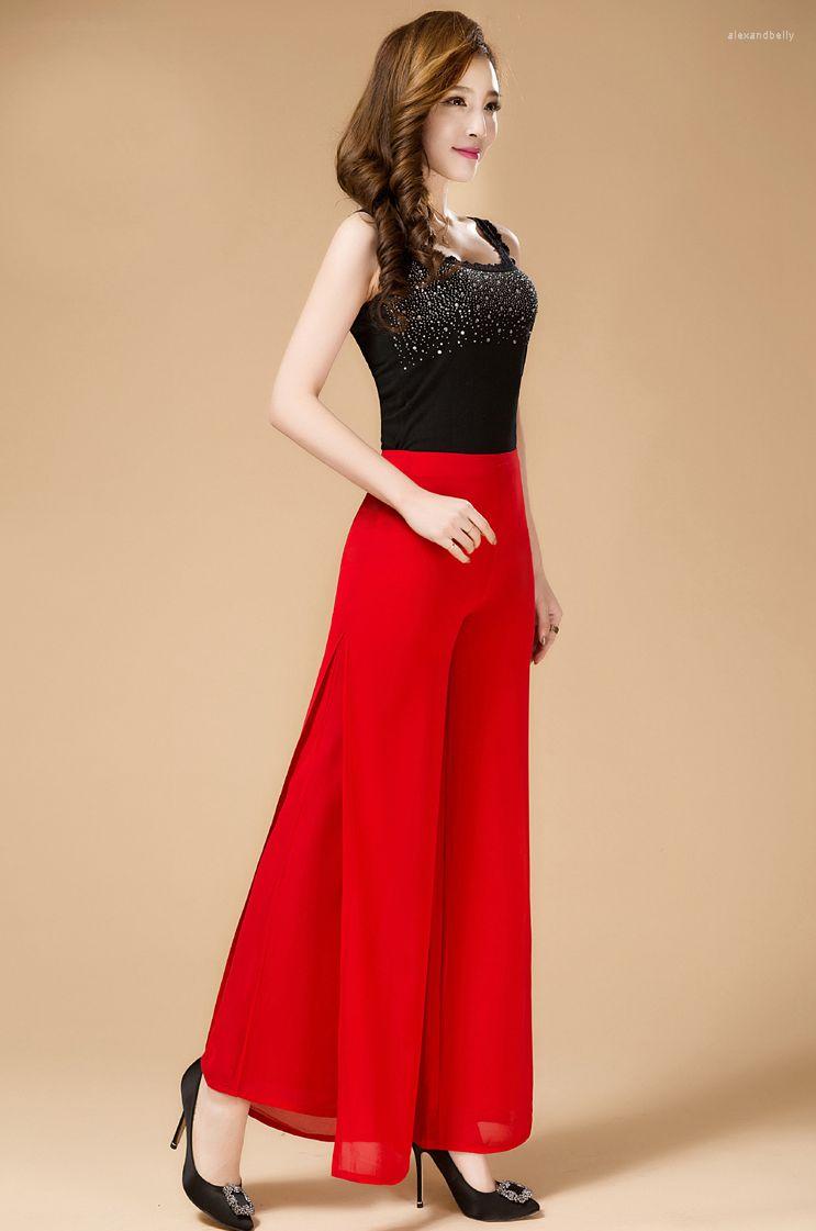 

Women's Pants High Quality Solid Chiffon Double Deck Long Women's Dance Trousers Cross Novelty Clothes Casual Wide Leg, White