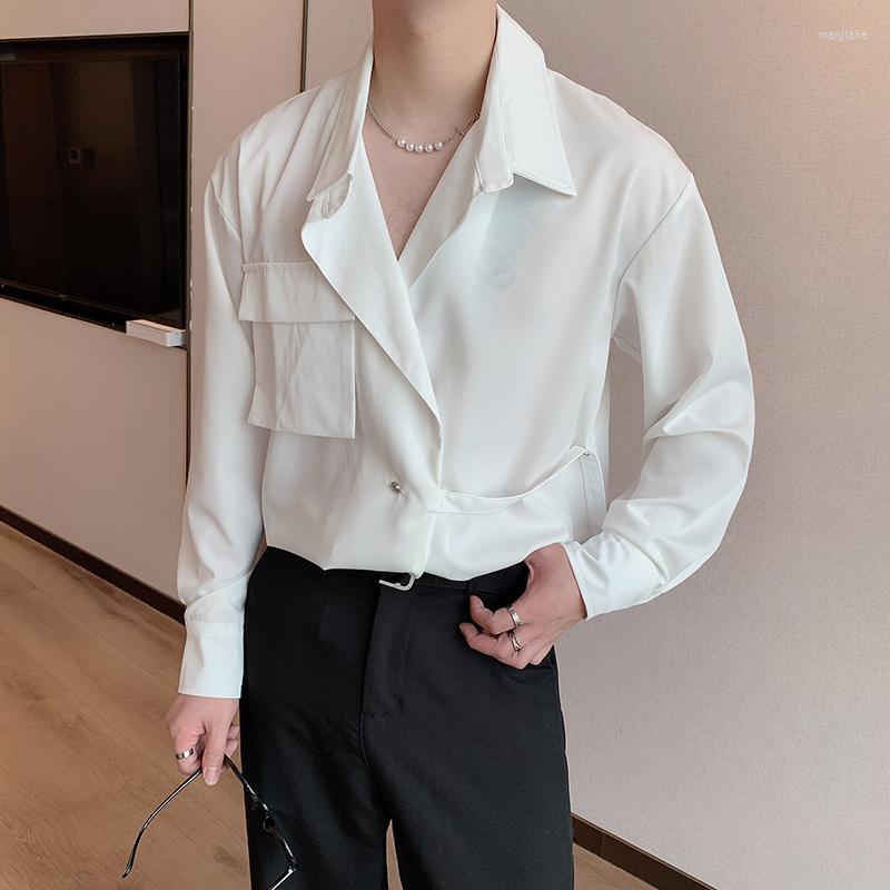 

Men's Casual Shirts Autumn Clothes For Mens Fashion Unusual With Belt White Wedding Party Wear Social Club Outfits Korea Streetwear