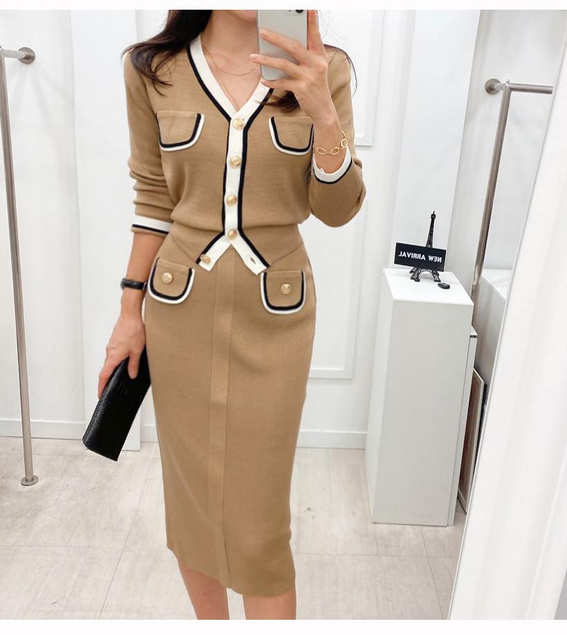 

Dress JSXDHK Fashion Knitted Two Piece Set Spring Women V Neck ColorBlocked Metal Button Cardigan Sweater + Midi Pencil Skirts Suit, Khaki