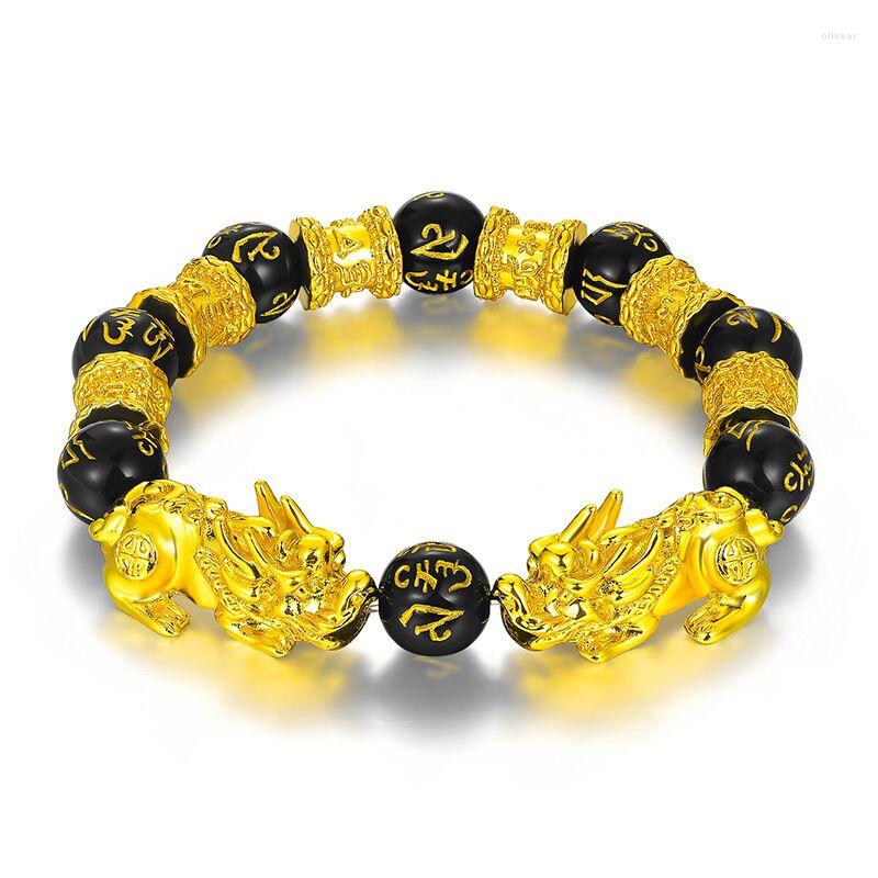 

Strand Feng Shui Obsidian Stone Beads Bracelet Men Women Unisex Wristband Gold Color Black Pixiu Wealth And Good Luck Changing