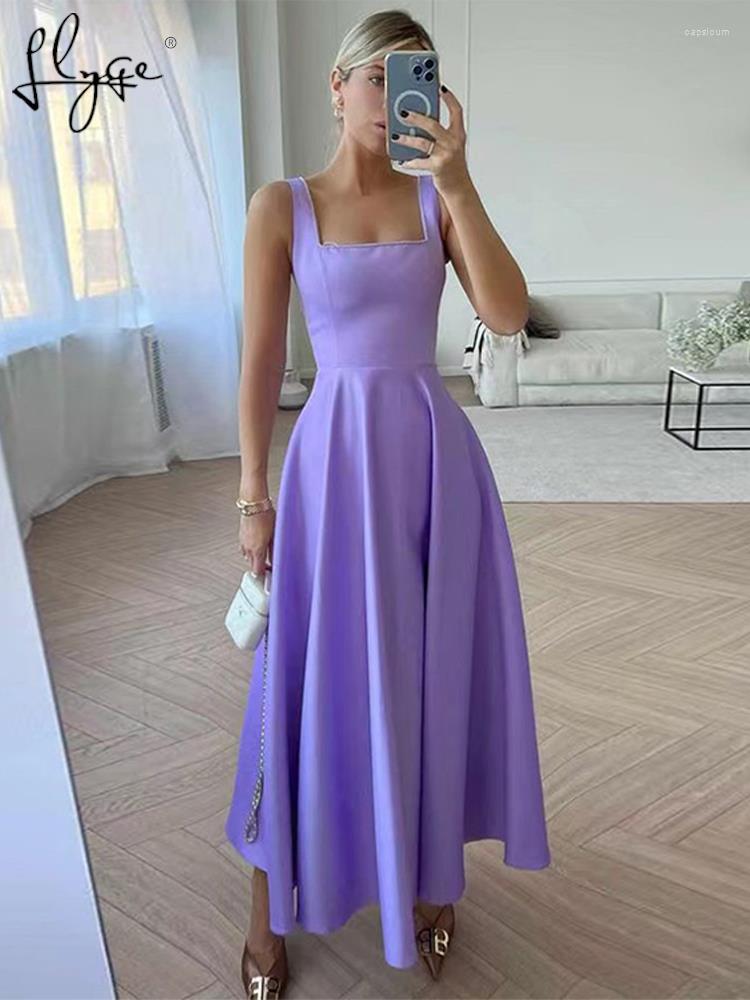 

Casual Dresses Satin Straps Prom Dress Women Sexy Sleeveless Square Collar Slim Long Female A-line Spring Elegant Party Evening Robe, Navy blue