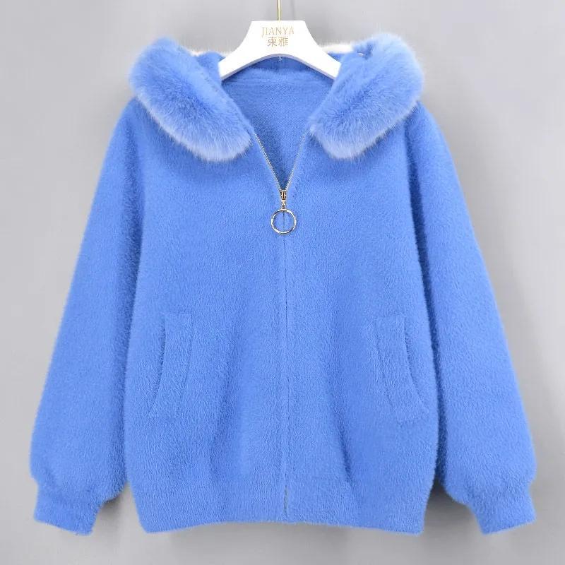 

Sweaters 2021 Fall Nieuwe Bontkraag Hooded Trui Jas Vrouwen Effen Kleur Slanke Faux Nertsen Fleece Vest Koreaanse Zip Up Soft gebreide Jass, Beige