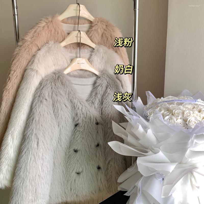 

Women's Fur Elegant Women Faux Coat Winter Thick Warm Overcoat Double Breast Long Sleeves V-neck, White
