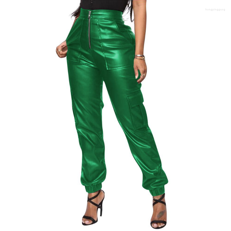 

Women' Pants WUHE Elegant PU Leather Cargo Women Zipper High Waist Pockets Elastic Cuff Casual Trousers Streetwear Club Bottoms, Green