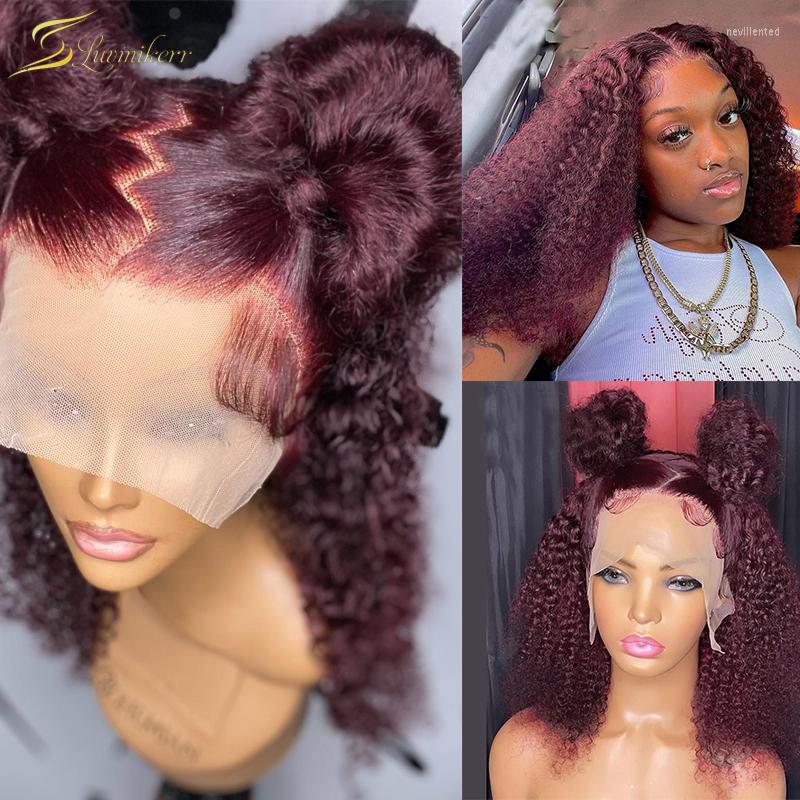 

99j Burgundy Red Pixie Lace Front Human Hair Wig Brazilian Colored Short Bob Cut Curly HD Frontal Water Wave Preplucked, 13x6x1 t part wig