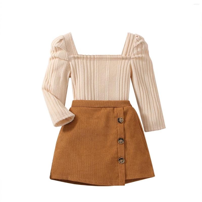 

Clothing Sets 4-7Years Toddler Kids Girls Fall Clothes Suits Long Sleeve Square Neck Tops And Buttons Elastic Waist Skirts 2Pcs Set, Picture shown