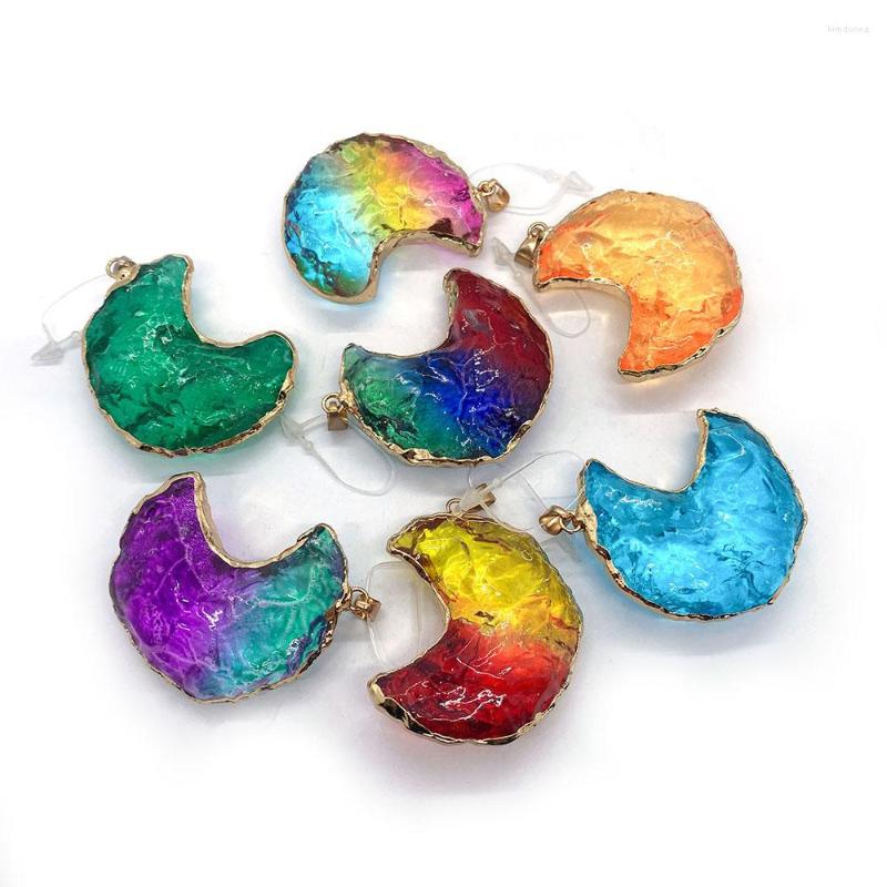 

Pendant Necklaces 1pcs Natural Stone Multicolor Crystal Moon Shape Colorful Necklace Charm Copper Edging Jewelry Making Supplies Fitting
